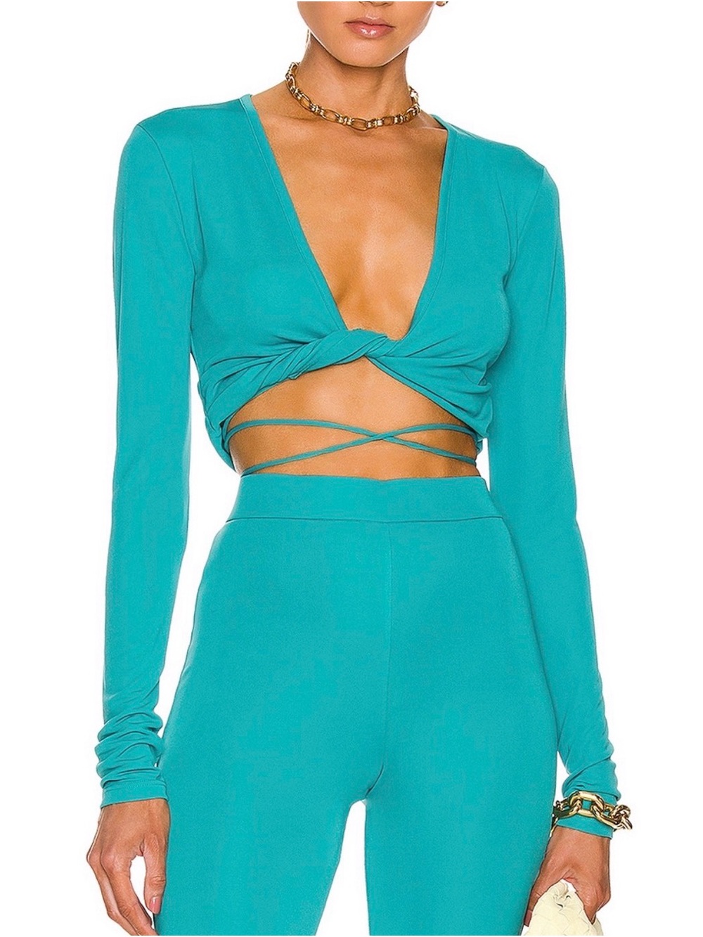 Twist Front Long Sleeve Crop Top in Teal